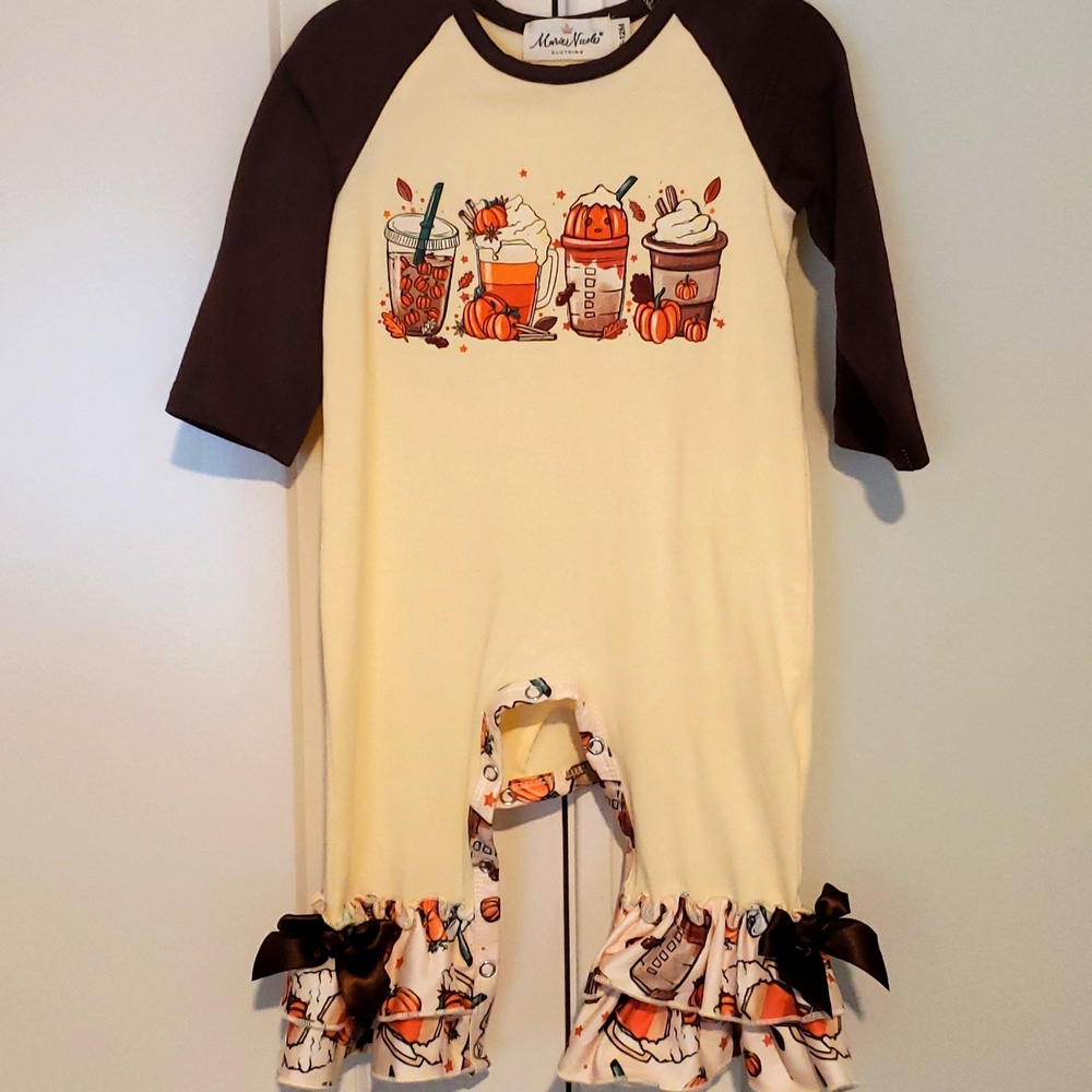 6-12m pumpkin spice graphics ruffle romper